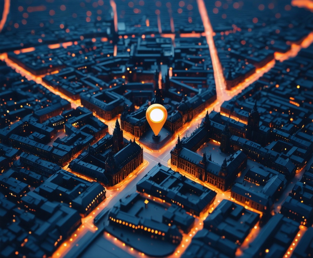 Stilisierte 3D-Karte des Berliner Stadtzentrums mit einer Markierung am Kurfürstendamm