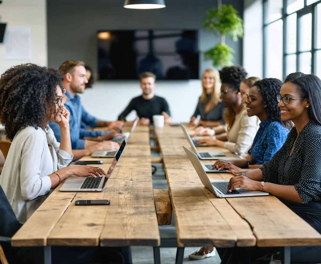 Eine Gruppe von Fachkräften bei einem interaktiven Coding-Workshop in Berlin