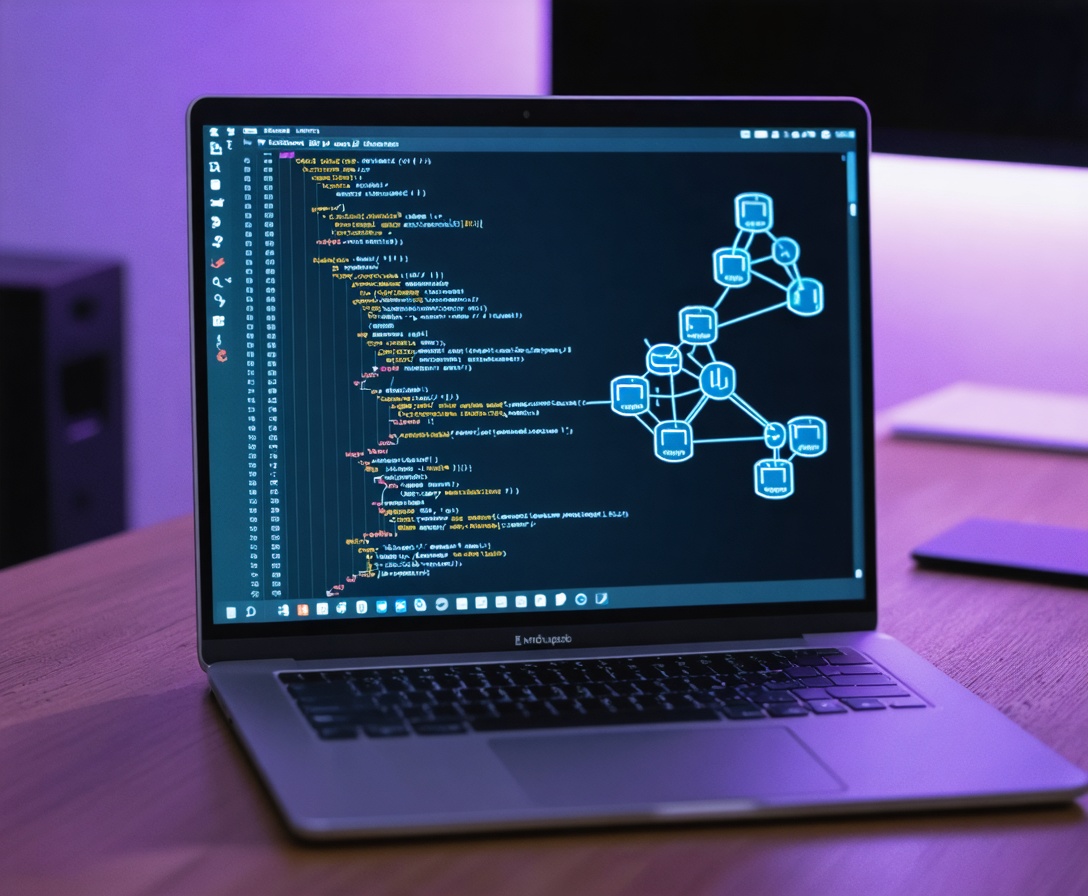 Nahaufnahme eines Laptops mit komplexem Python-Code und neuronalen Netzwerken