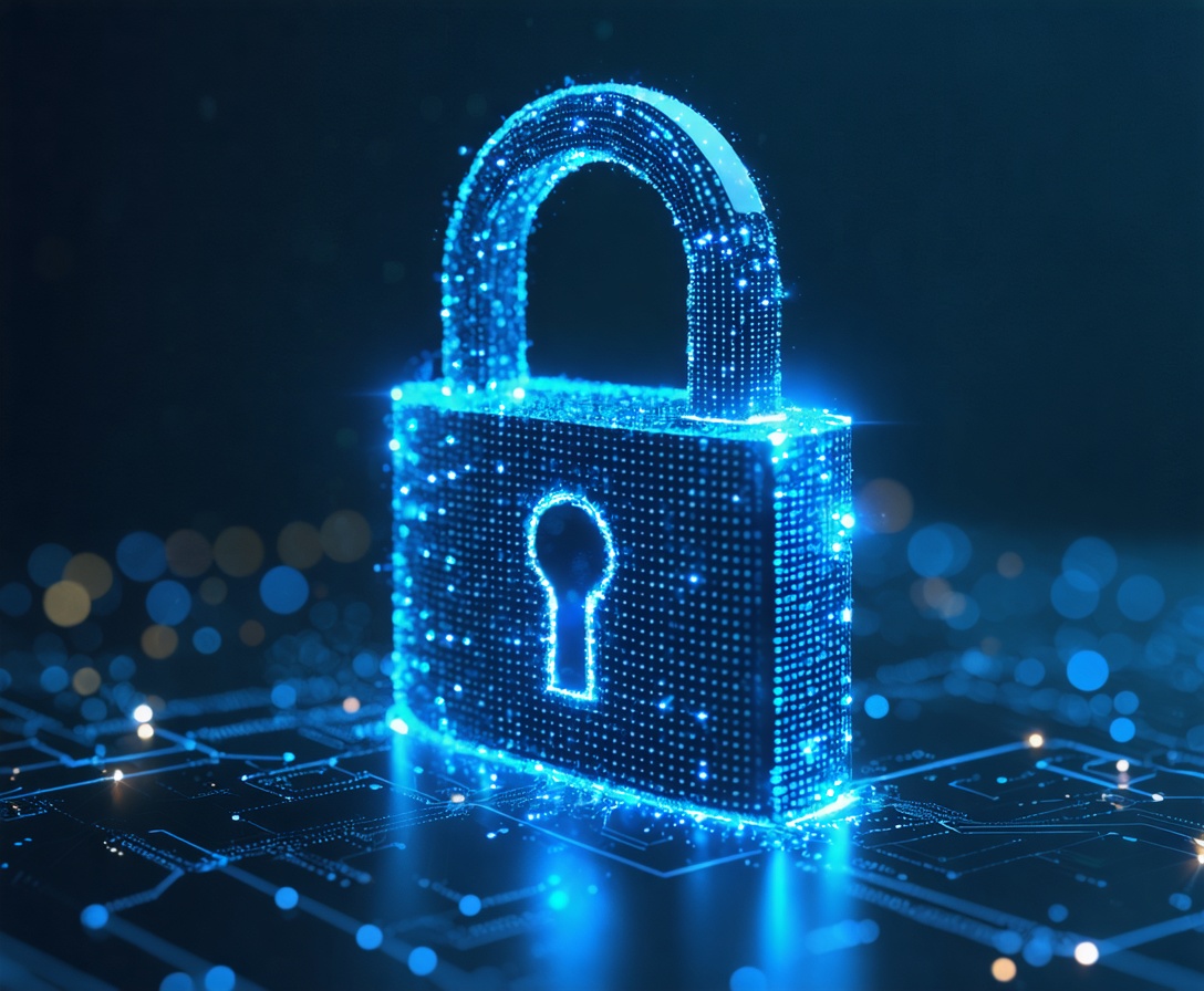 Konzeptuelles Bild eines digitalen Vorhängeschlosses aus Lichtpartikeln auf dunkelblauem technologischem Hintergrund