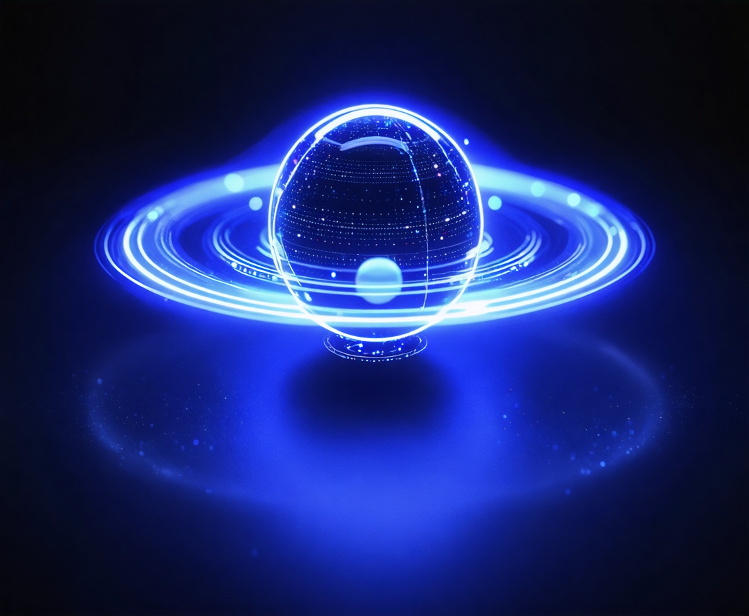 Abstrakte 3D-Darstellung von glühenden digitalen Orbitalringen um einen holografischen Kern