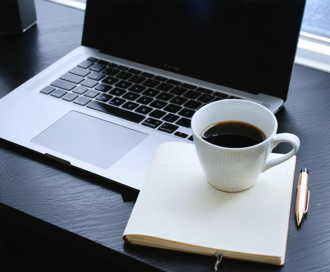 Moderner Arbeitsplatz mit Laptop und Notizbuch