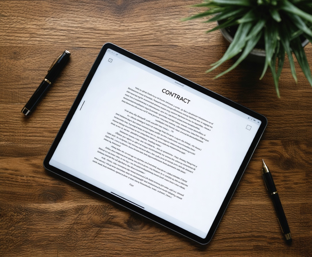 Draufsicht auf einen aufgeräumten Schreibtisch mit einem Tablet, das einen digitalen Vertrag zeigt