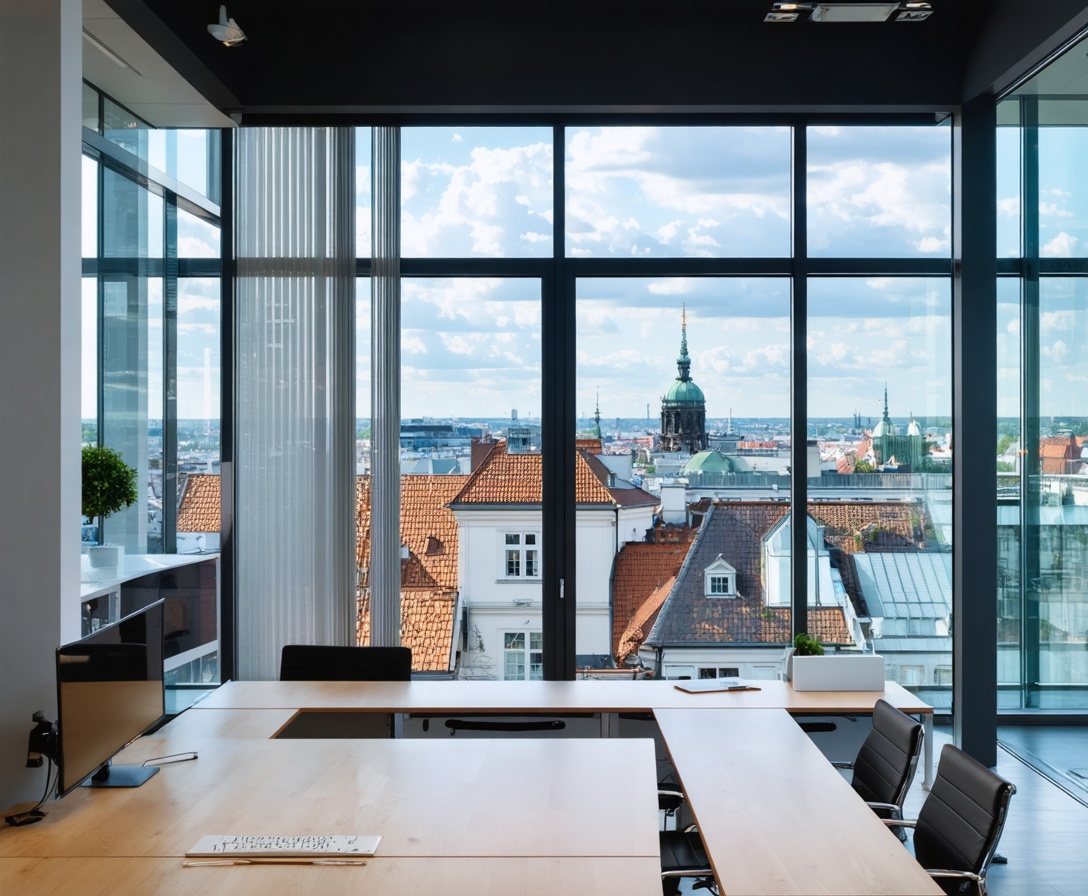 Modernes Großraumbüro in Berlin mit Glaswänden und minimalistischen Möbeln