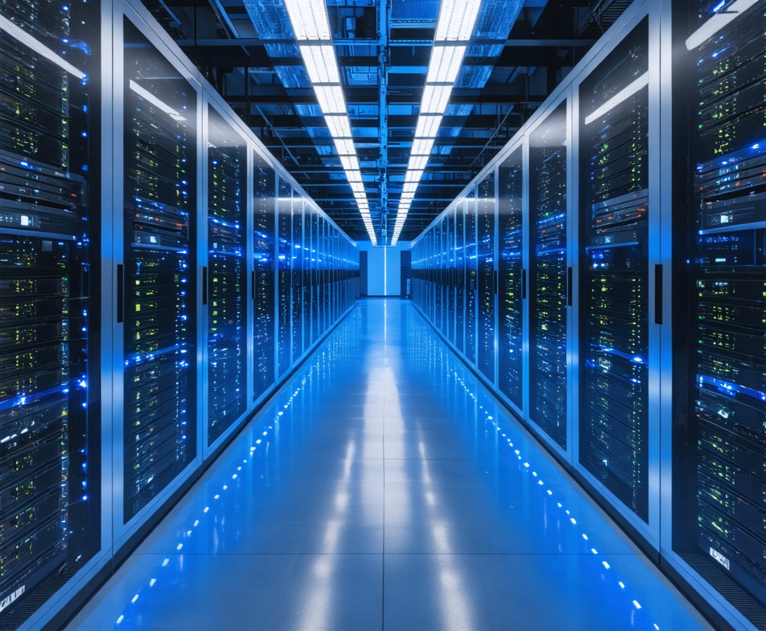 Moderner Serverraum mit blauen LEDs und Racks für High-Performance Computing