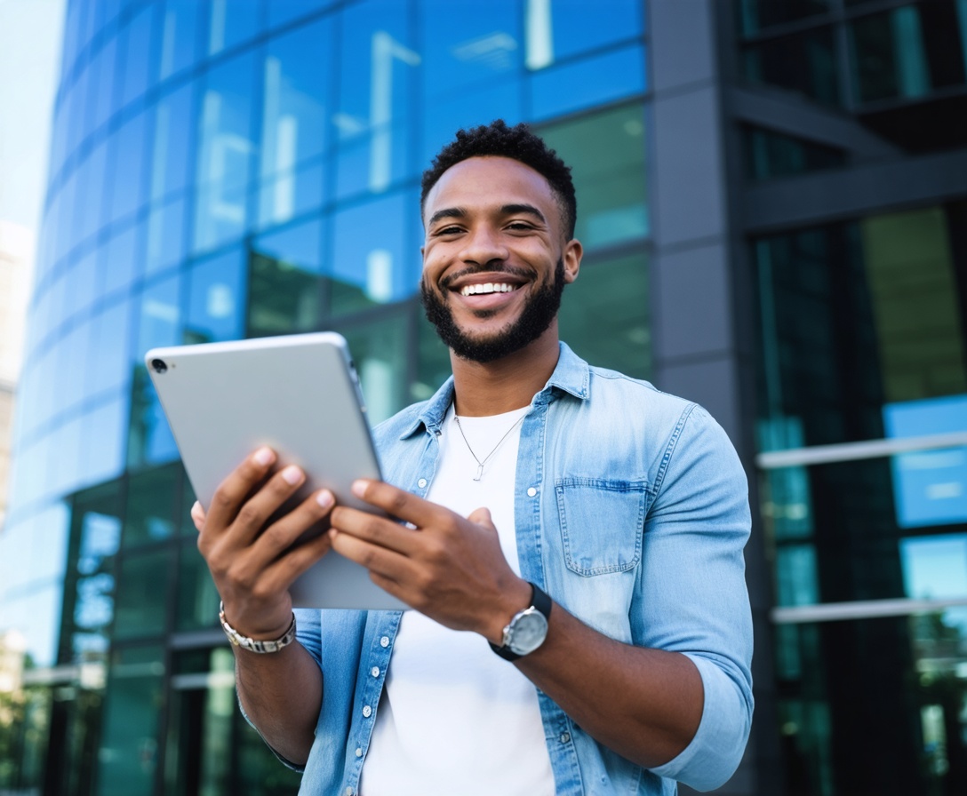 Ein junger Profi mit einem digitalen Zertifikat feiert seinen Erfolg